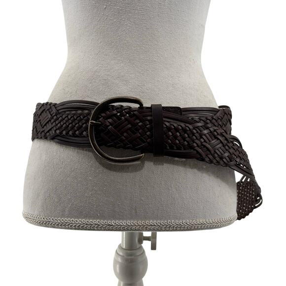 Womens Plus Sz 2XL Brown Leather Weaved Belt Wide Boho Casual - Picture 1 of 11